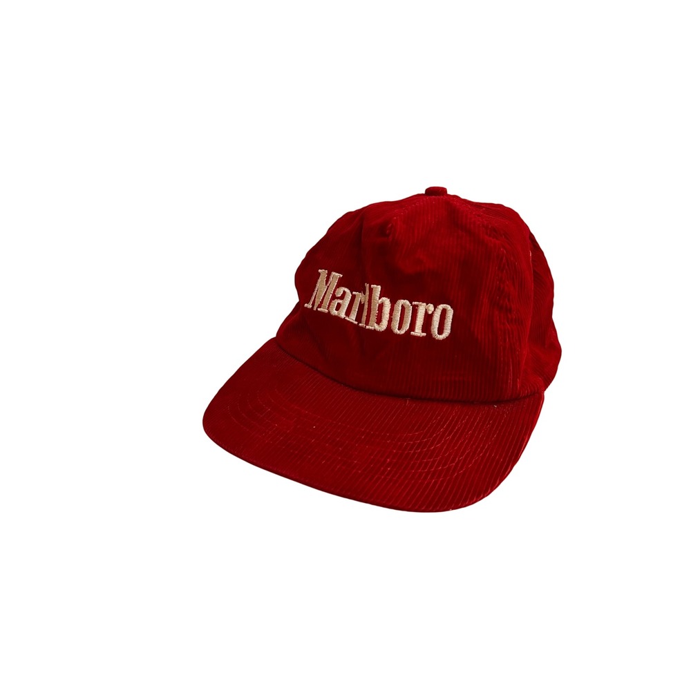 Vintage Marlboro Corduroy Snapback Hat Red Embroidered Logo Tobacco Promo Cap